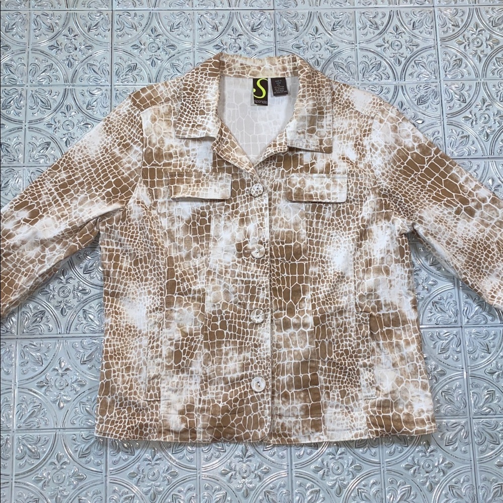 Sportelle Croc Animal Print Tan White Blazer Jacket Women's Petite Large PL